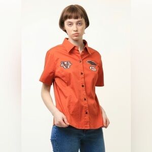 Harley Davidson Orange Women’s Short Sleeve Button Up Shirt with Logos Size M/L